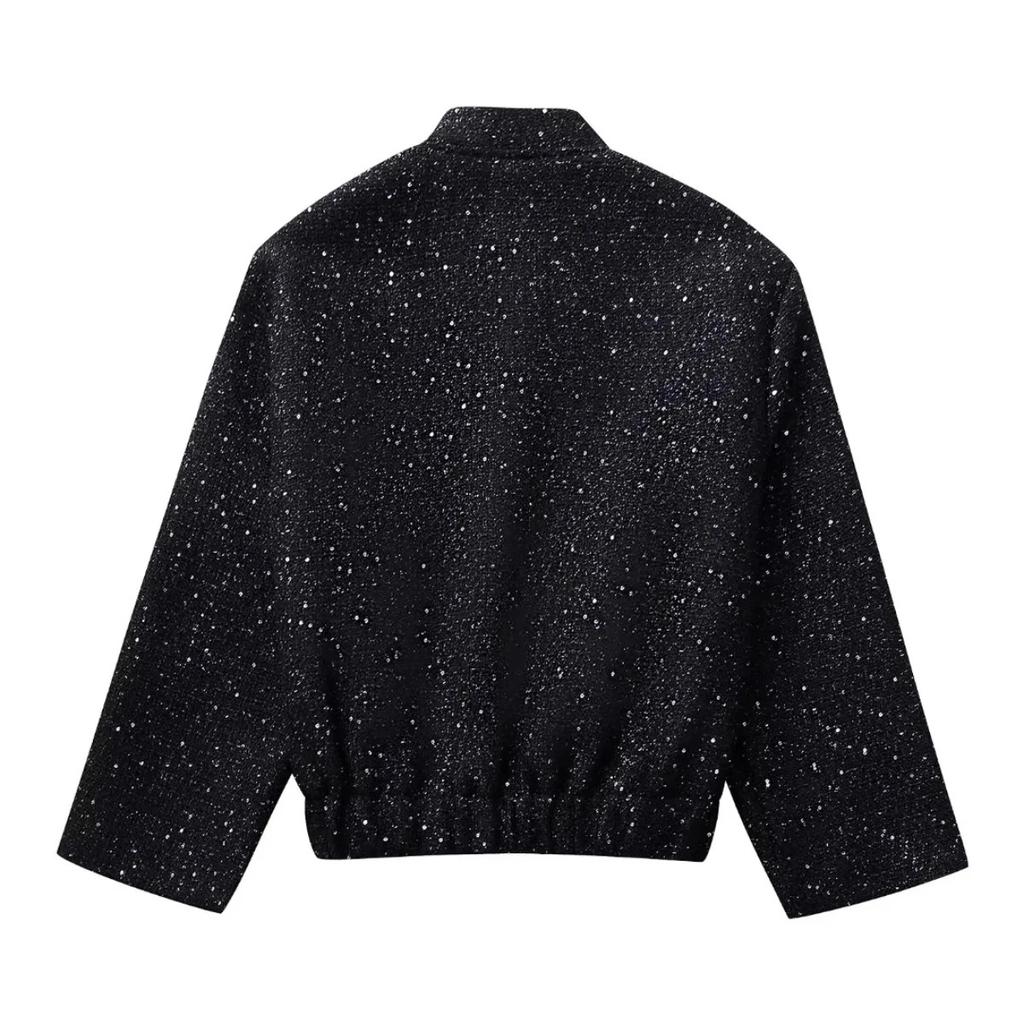 Women Shiny Sequin Jacket Y2k Gold Color Stand Collar Long Sleeve Short Coat Ladies High Streetwear