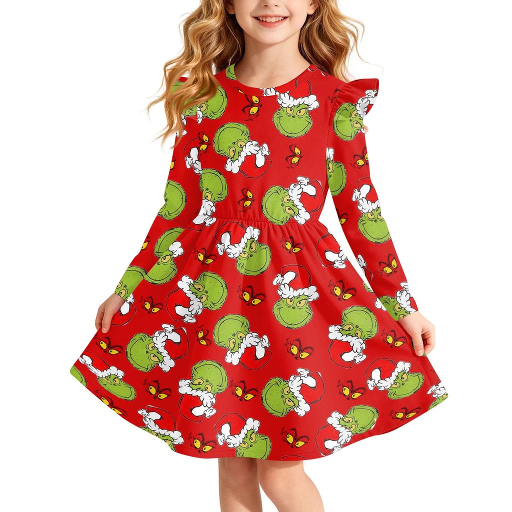 Vestito di Natale Stampato per Bambina con Maniche Lunghe Vestito per Feste Natalizie