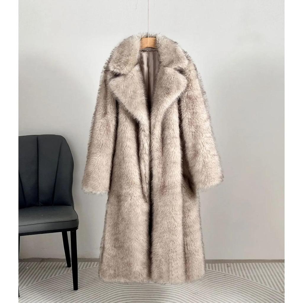 Herbst und Winter Damenjacke Verlängert Imitationspelz Anzugkragen Mantel Mantel Kunstpelzimitat Mantel Damen