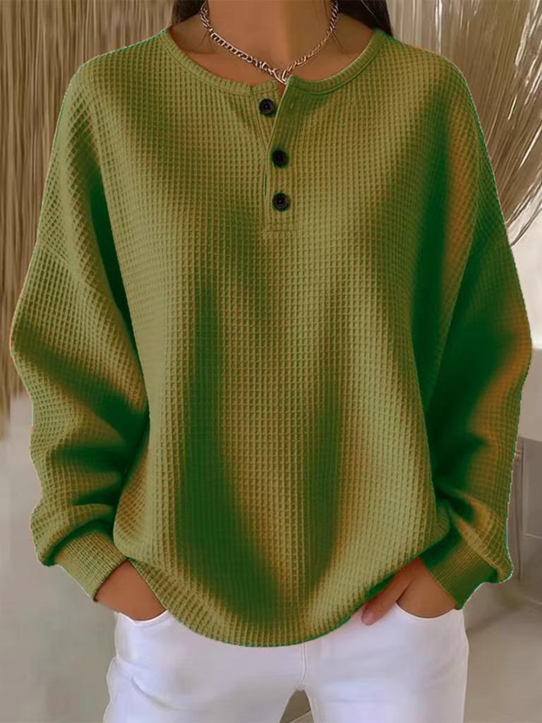 Women's Long Sleeve V-Neck Button Detail Waffle Knit Top