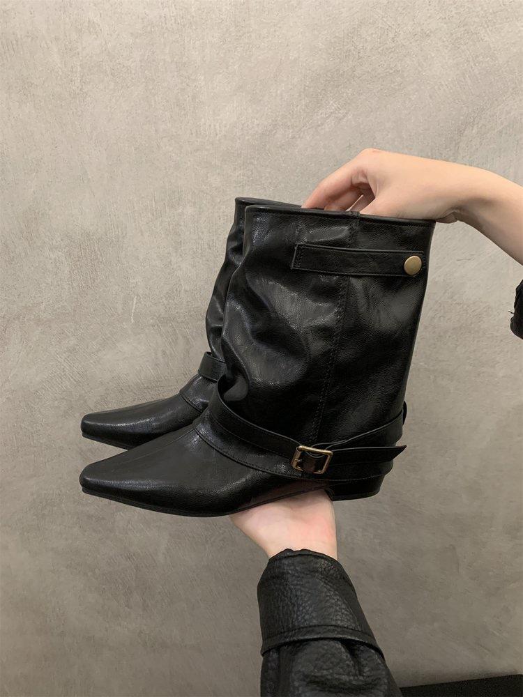 Skinny belt buckle short tube thick heel short boots Spice girl style pants tube pointed short boots women's boots locomotive new black