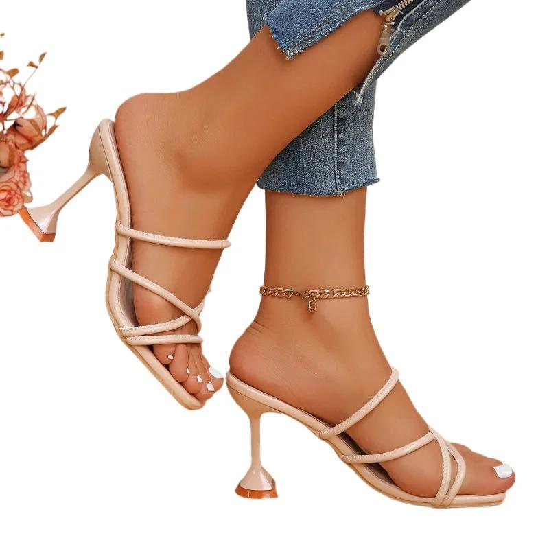 Fashion Ladies Shoes 2025 Plus Size Open Toe Women's Slippers Fashion Dress Slippers Women Narrow Band Square Toe High Heel Modern Shoes
