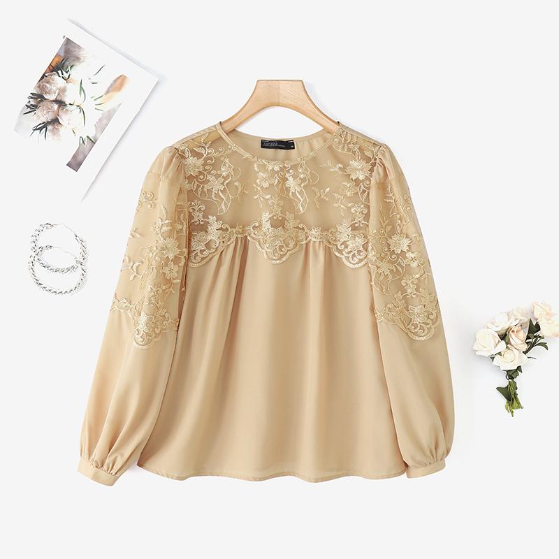 

ZANZEA Women Casual Mesh Patchwork Round Neck Loose Long Sleeve Blouse 5XL хаки