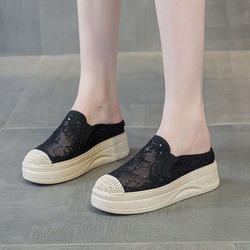 Fisherman Shoes Women's New Lace Mesh Outer Wear Cool Slippers Versatile Thick Soles Increase Height Breathable Casual Half Drag Tide