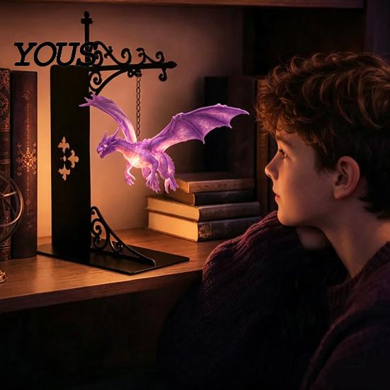 Dragon Culture Collectible Figurine Fantasy Bookshelf Lamp, Retro Flying Light, Literature Fan Gift Creative Bookend Light for Library Reading Corner