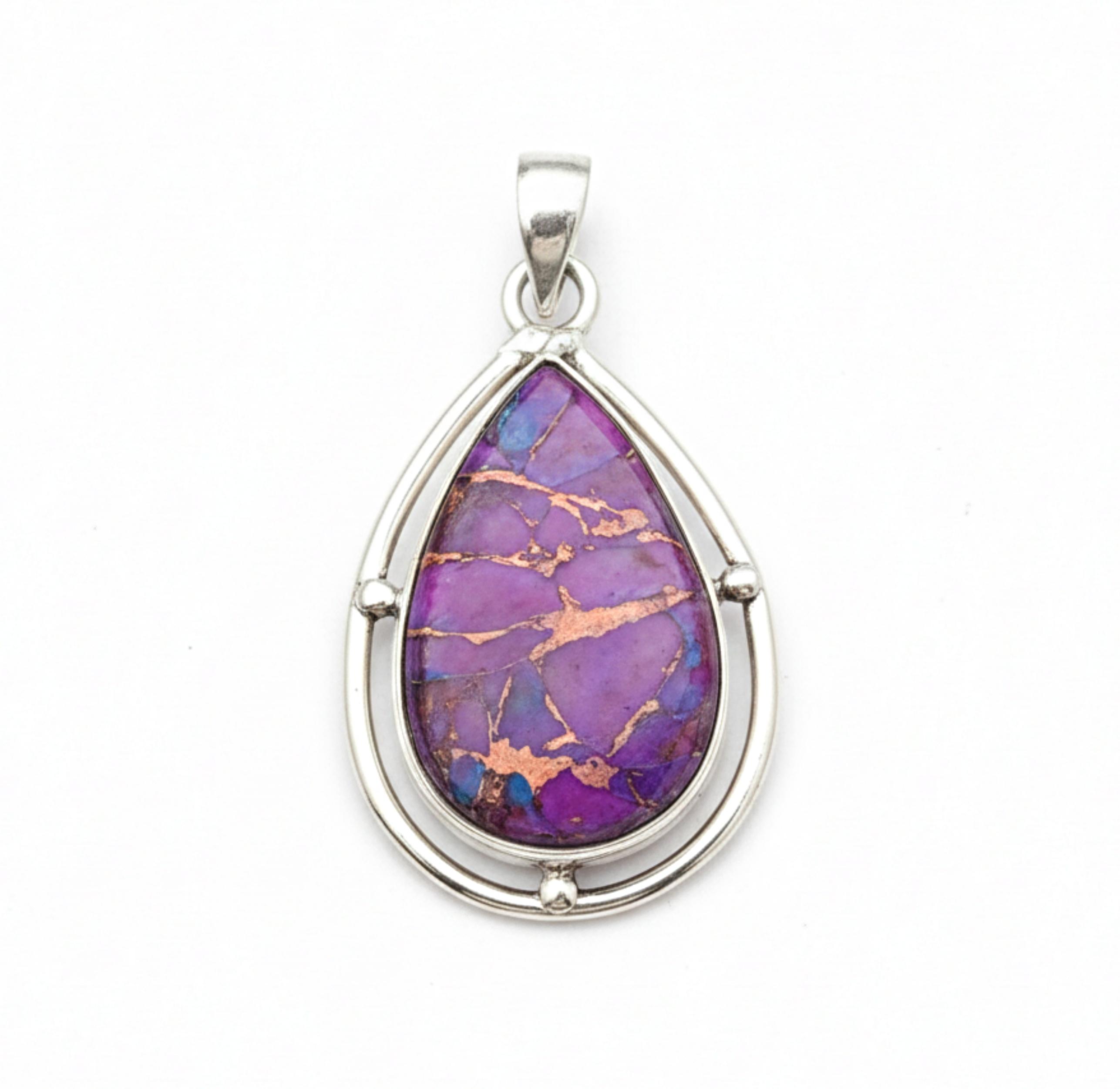 

Purple Copper Turquoise Pear Cut Pendant, 925 Solid Sterling Silver, Bohemian Statement Jewelry серебряный