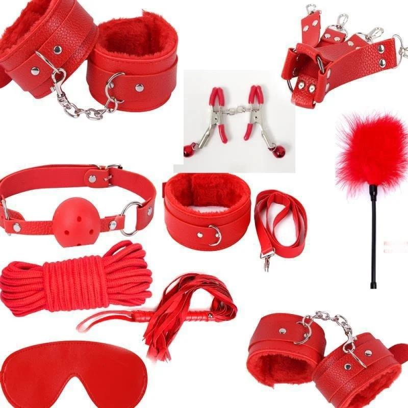 Bondage 7-Piece Set Restraint Handcuffs Sex Game Whip Gag Nipple Clamps Erotic Sex Accessories Sex Toys for Adults Couples
