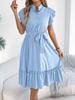 Women's Stand Collar Ruffle Sleeve Midi Dress High Waist Belted Shirt Dress Casual A Line Sundress