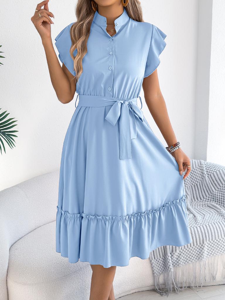 Women's Stand Collar Ruffle Sleeve Midi Dress High Waist Belted Shirt Dress Casual A Line Sundress