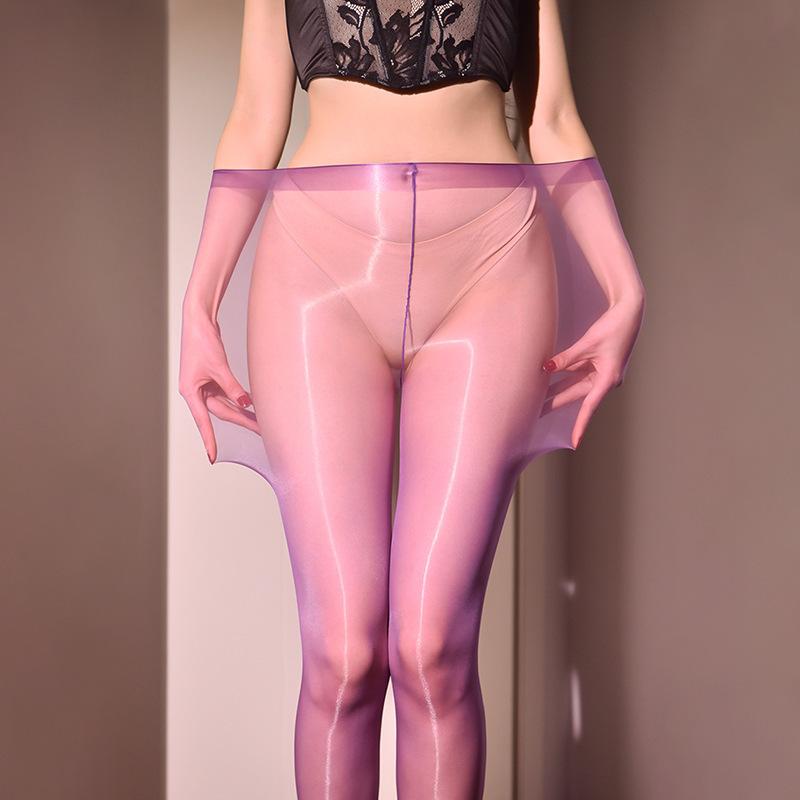 1D Ultra-dünne Öl-Glänzende Strumpfhose Damen Hohe Taille Seide Sexy Glänzend Transparent Eine Linie Enger Schritt Taillenlos Strumpfhose
