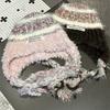 Striped contrasting color knitted plush hat women's autumn and winter fashion versatile warm ear protection Lei Feng hat cold lace-up wool hat