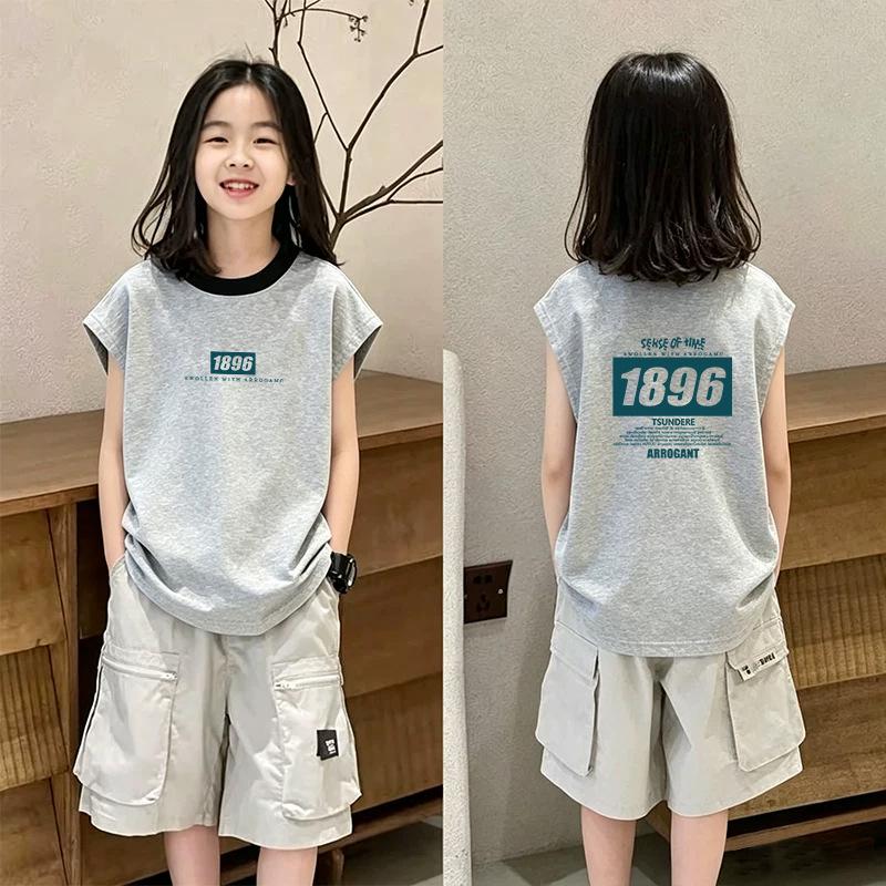 Stylish Girls' Colorblock Round Neck Sleeveless Cotton Top - Summer New Arrivals for Medium & Large Children