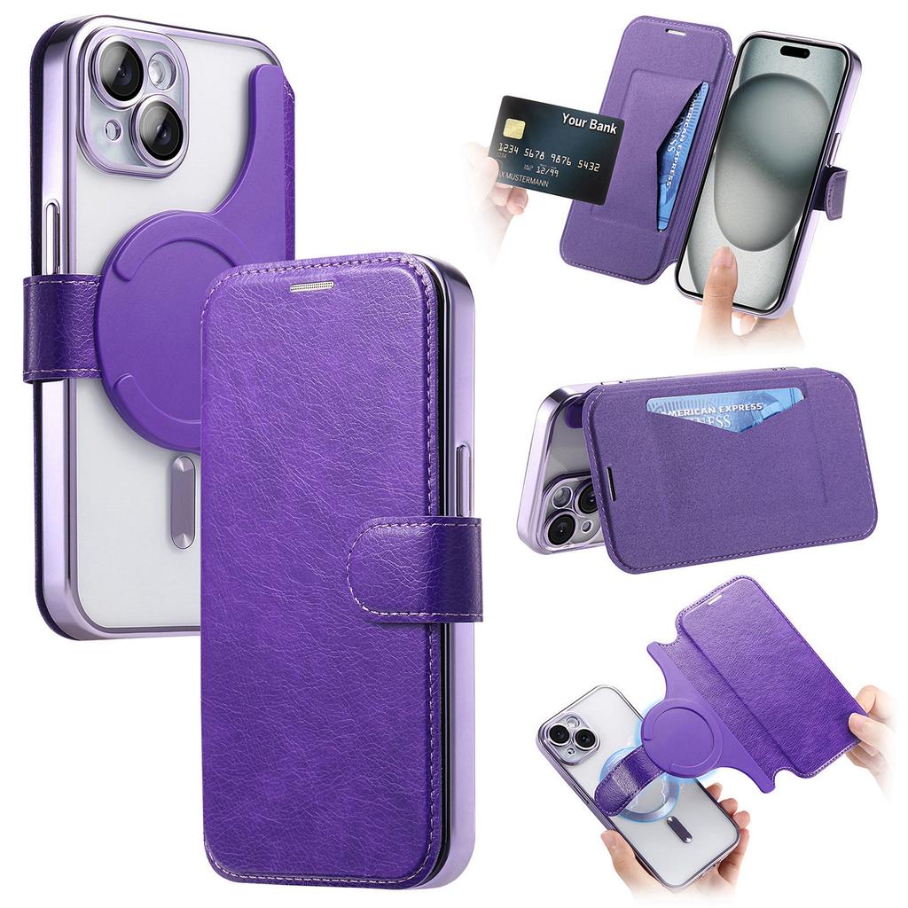 For iPhone 15 Plus Case Compatible with MagSafe Detachable Leather Phone Cover with Lens Film