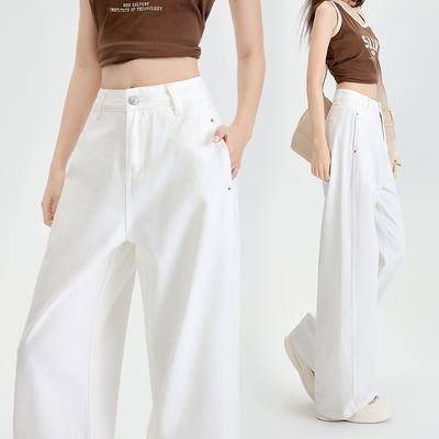 White Oblique Pocket Loose Breathable Straight Wide-leg Jeans for Women In Spring and Summer Soft Slim and Pure Casual Pants