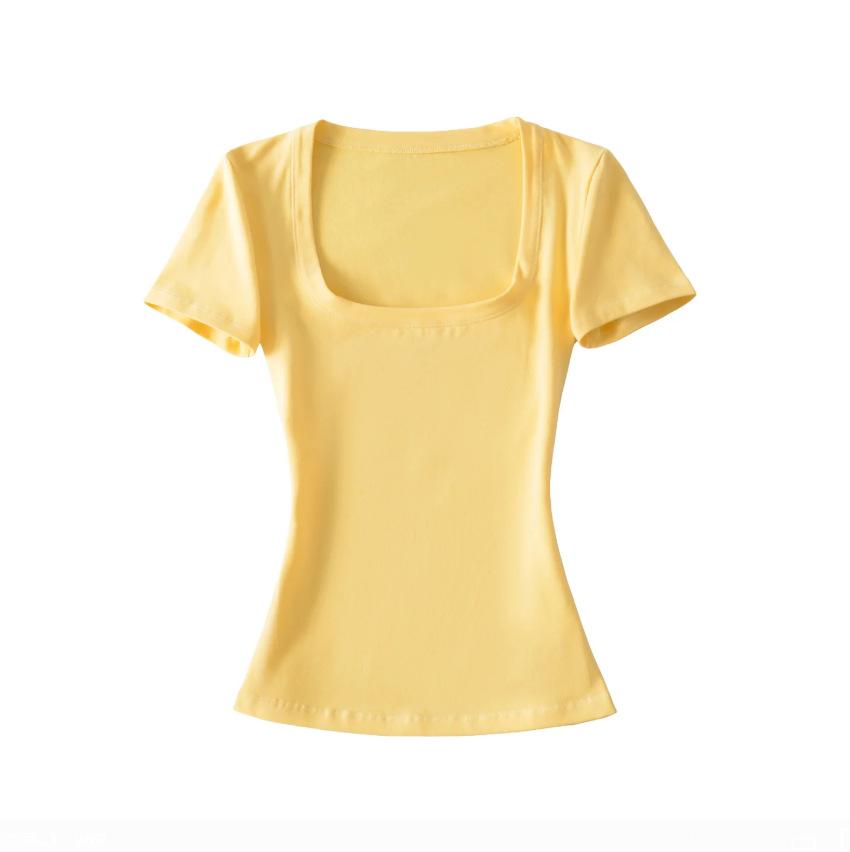 U-neck ant waist short-sleeved T-shirt women's summer new American Spice Girl style solid color slim-fitting bottoming top