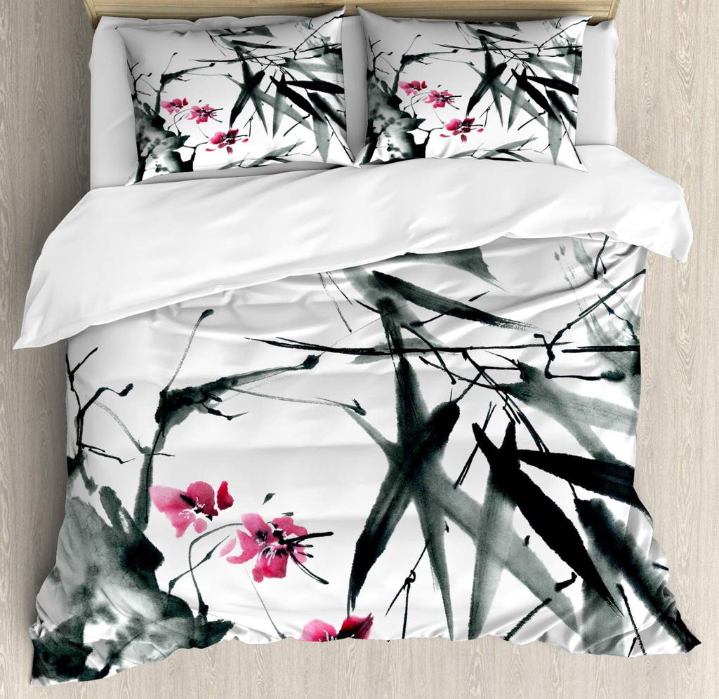 Japanisches Bettbezug-Set, Kirschblütenbaum Frühlingsmotiv Kunst, Dekor 3-teiliges Bettwäscheset mit 2 Kissenbezügen
