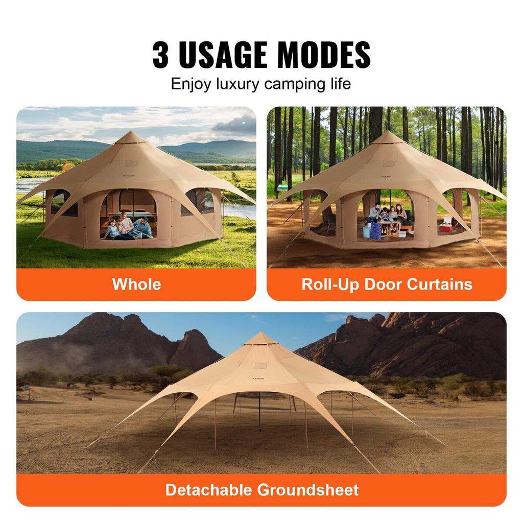 Canvas Tent, 4 Seasons 5 M/16.4 Ft Bell Tent, Canvas Tent for Camping with Stove Jack, Breathable Yurt Tent for Up To 8 People, Family Camping Outdoor