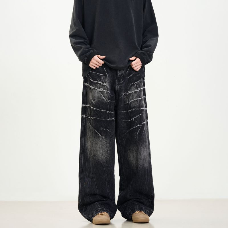 Kisko High Street American Style Washed Vintage Lightning Pattern Cleanfit Jeans Unisex Trendy Loose Straight Pants