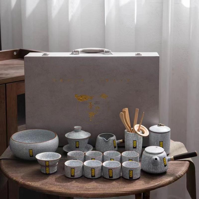 Golden Thread Iron Line Ru Kiln Ceramic Tea Set: Gaiwan, Teapot, Teacup, Gift Box