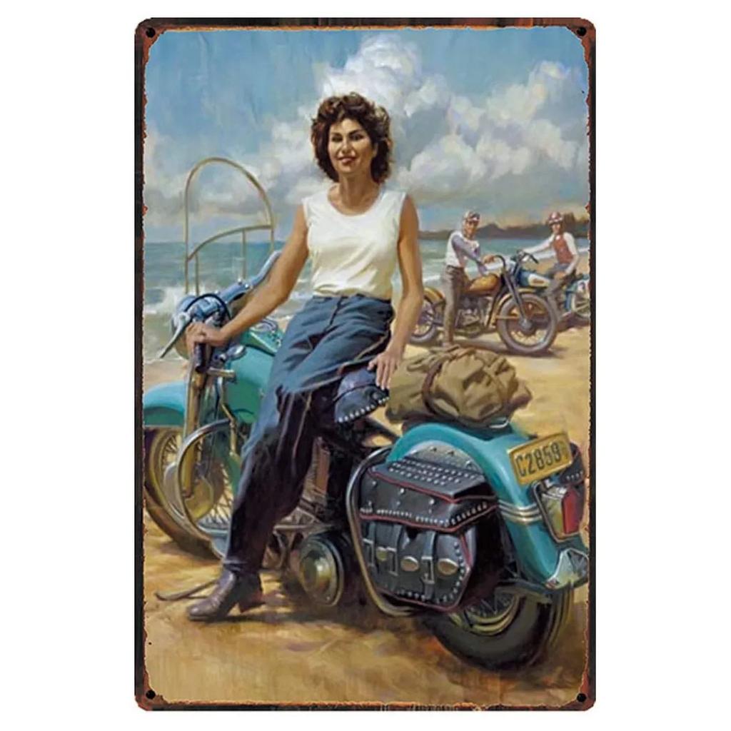 MotorcycleVintageCo Pinup Kovové cedule - Vintage umělecké plakáty - Železná malba Nástěnná dekorace - Pozvedne výzdobu v pánském doupěti a baru