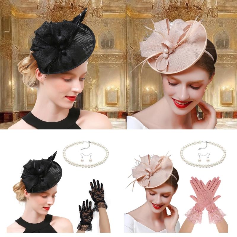 20s Derby Hat with Feathered Necklace Earrings Gloves For Women Horse Racing Event and Cocktails Party Props Headwear