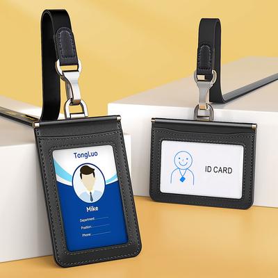 Simple Durable Cowhide Leather Work Card ID Holder with Lanyard Badge Access Control Card Company Staff Protection Cards Cases