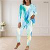 Women Plus Size Round Neck Long Sleeve Printed Blue Longline Top Fitted Pants Two Piece Set