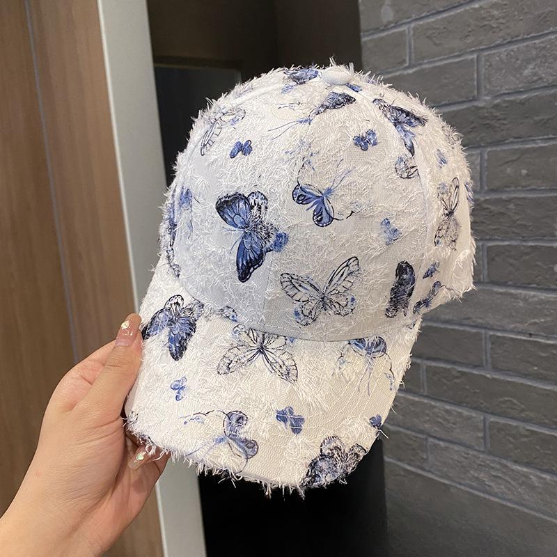 New Summer Printed Butterfly Baseball Cap for Women Elegant Sunshade Breathable and Fashionable Outdoor Furry Duck Tongue Sun Hat