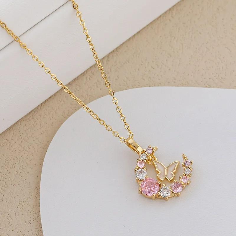 New Korean Fashion Butterfly Moon Necklace Women's Stainless Steel Cute Collar Chain High End Elegant Jewelry Girls Gift