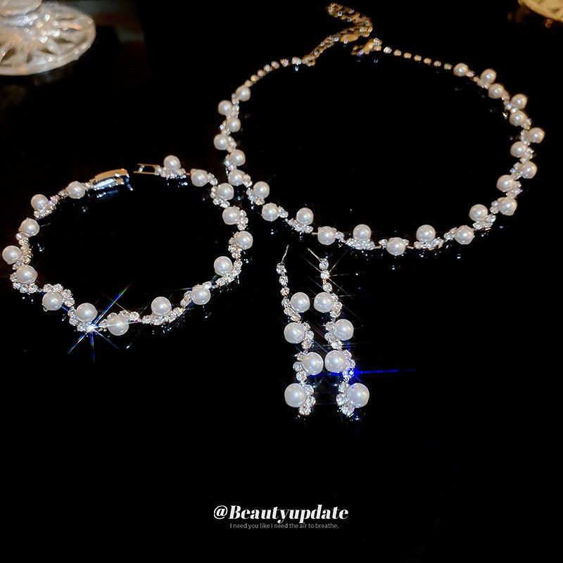 Choker Pearl Diamond Wave Necklace Set Korean High-end Fashion Collarbone Chain Niche Commuter Jewelry Women
