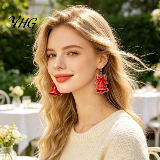 Unique Christmas Stocking Stuffers 1 Pair 2D Acrylic Bell Dangle Earrings for Women, Cute Red Holiday Jewelry Party with Bow, Gifts Xmas Accessories