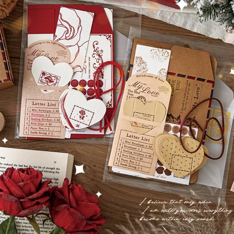 52Pcs Retro Stationary Letter Paper and Envelopes Set Tiny Heart Shape Envelope For Wedding Birthday Valentines Day