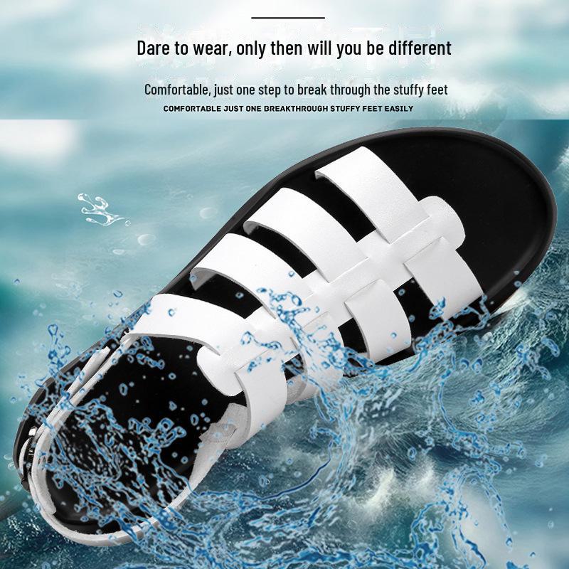 2024 Men's White Leather Open Toe Sandals: Trendy, Breathable, Non-Slip, Rivet Design, Summer Youth Style