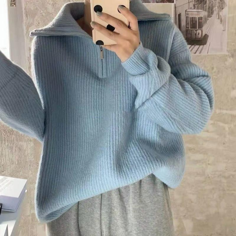 Lapel half zipper knitted sweater women's autumn and winter new commuter versatile loose pullover sweater women