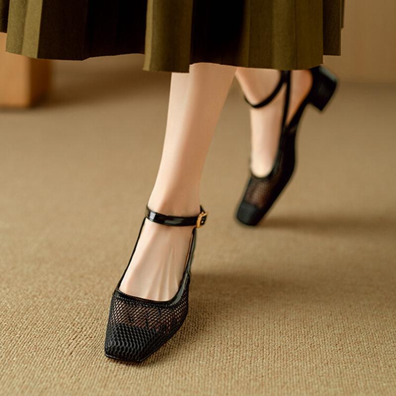 Fashion NEW Summer Women Sandals Square Toe Chunky Heel Shoes for Women Cover Toe Black Mesh Shoes Ankle Strap Cover Heel Modern Sandals