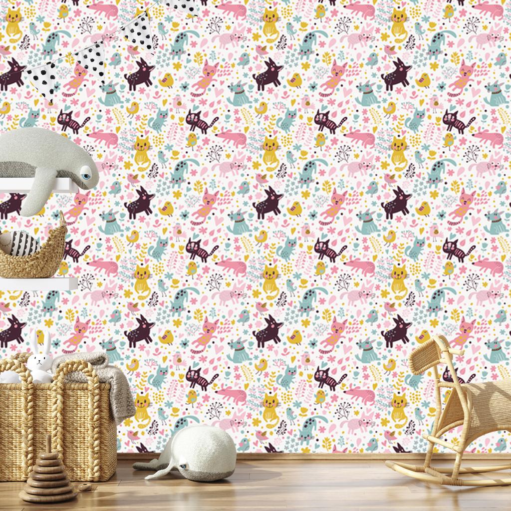 Wallpaper Colorful Kittens, Dogs and Birds for Living Room and Bedroom 50x1000
