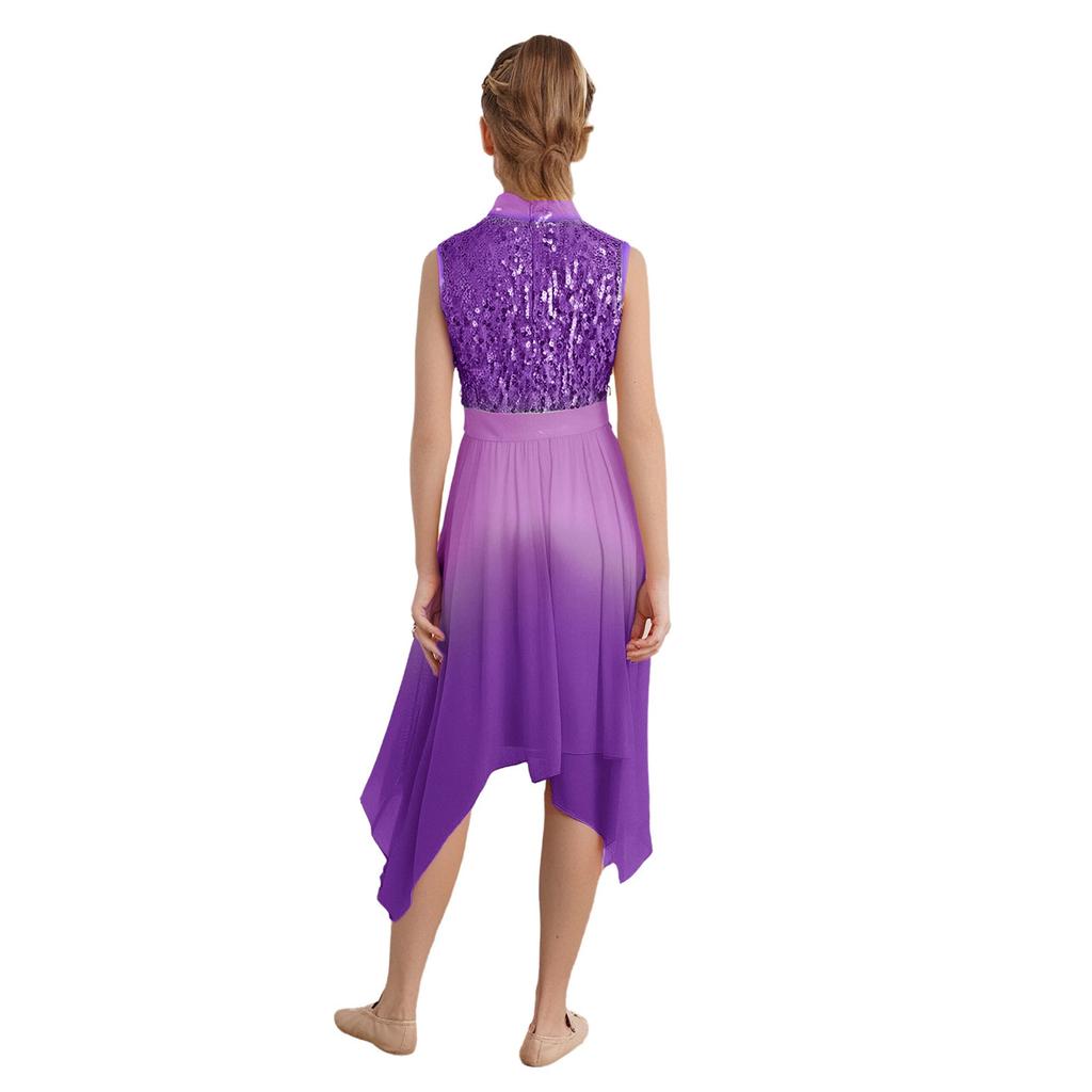 Girls Liturgical Dance Dress - Sleeveless Mock Neck Tunic with Asymmetrical Hem & Shiny Sequins for Worship Performance