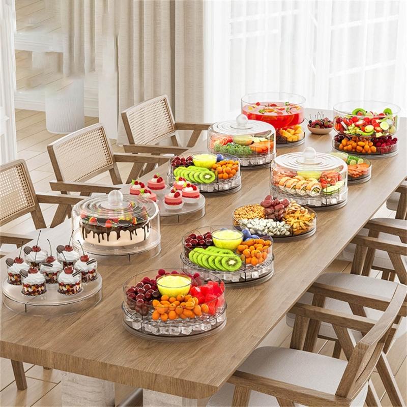 Clear 4 Section Rotating Cold Storage Tray for Parties Snacks Veggies Ideal for Outdoor Gatherings Barbecues Storage