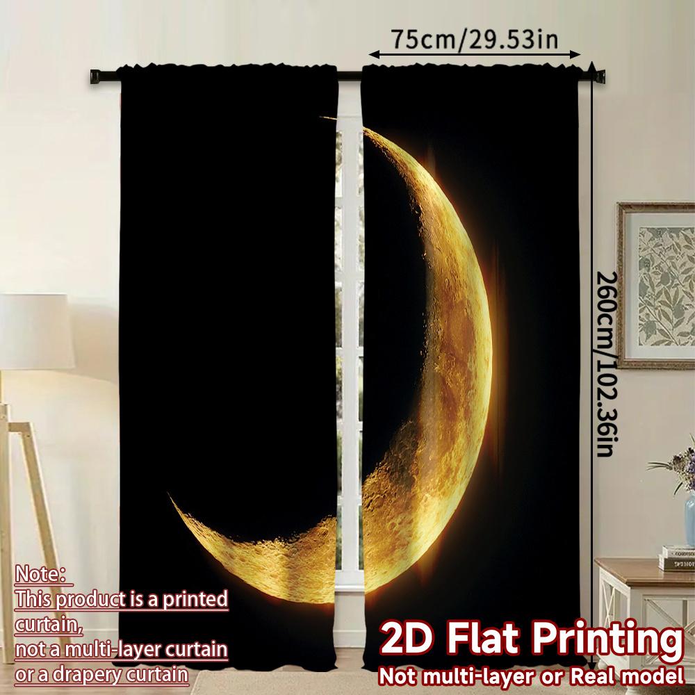 Minimalist Black Golden Moon Curtain Panels, Night Crescent Lunar Full Print Drapes For Bedroom Office Dark Style Home Decor