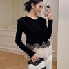 Socialite Lace Ruffle Velvet T-shirt Women's Autumn and Winter New Versatile Top French Style