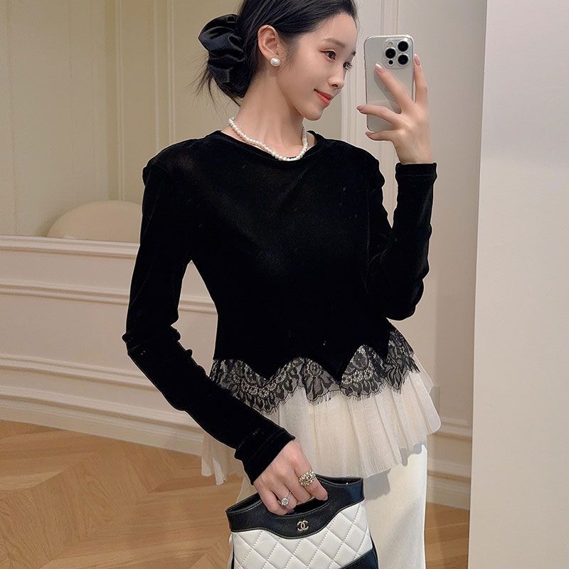 Socialite Lace Ruffle Velvet T-shirt Women's Autumn and Winter New Versatile Top French Style