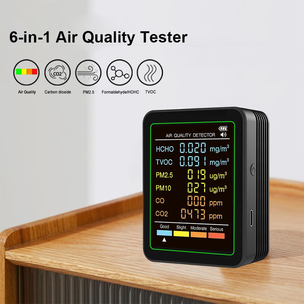 6 In 1 Air Quality Monitor PM2.5 PM10 TVOC CO2 CO Meter Formaldehyde Detector CO2 Sensor Multifunctional Air Quality Detector