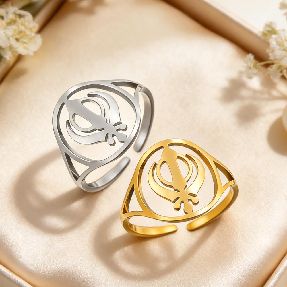 Dawapara Sikh Khanda Ring Adjustable Women Ring Religious Sikhism Jewelry Protection Amulet Stainless Steel Wedding Band