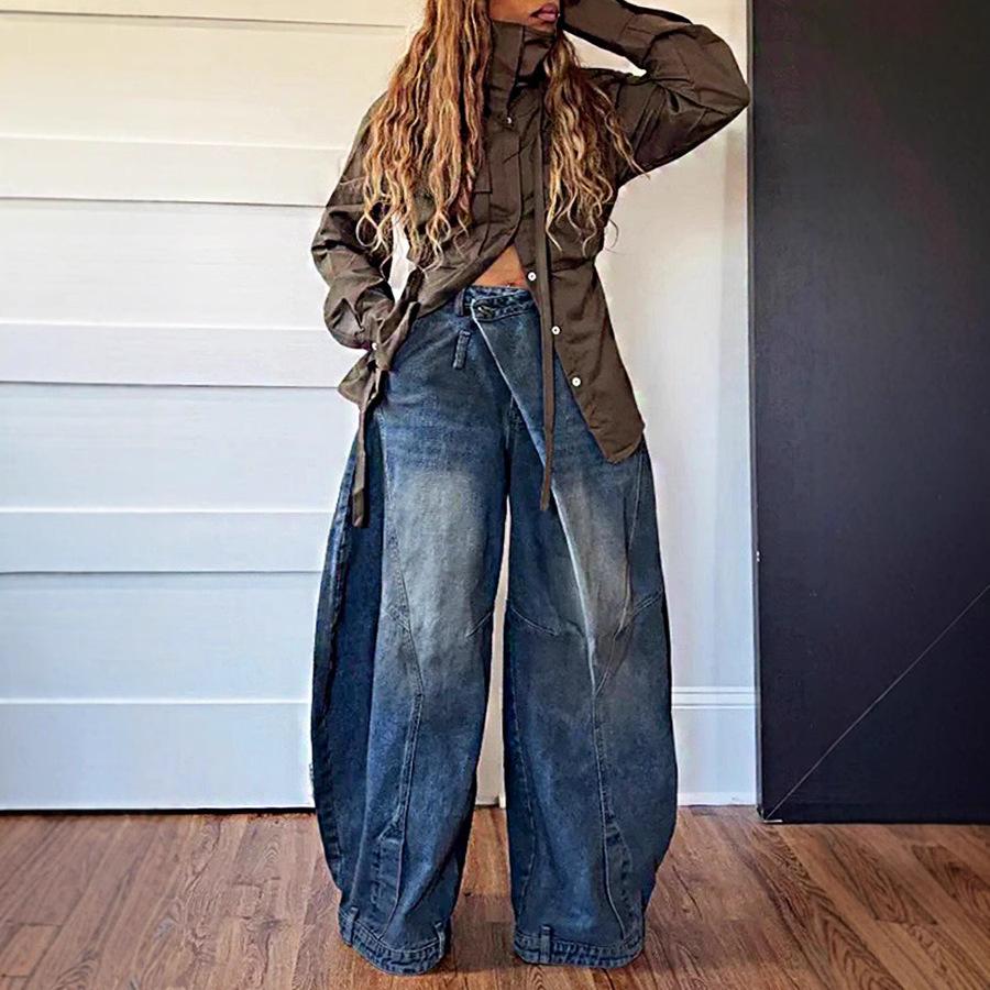 Women's Mid Rise Loose Fit Barrel Pants Overlap Wrap Waist Streetwear Vintage Washed Wide Leg Denim Jeans For Spring Daily Outfits