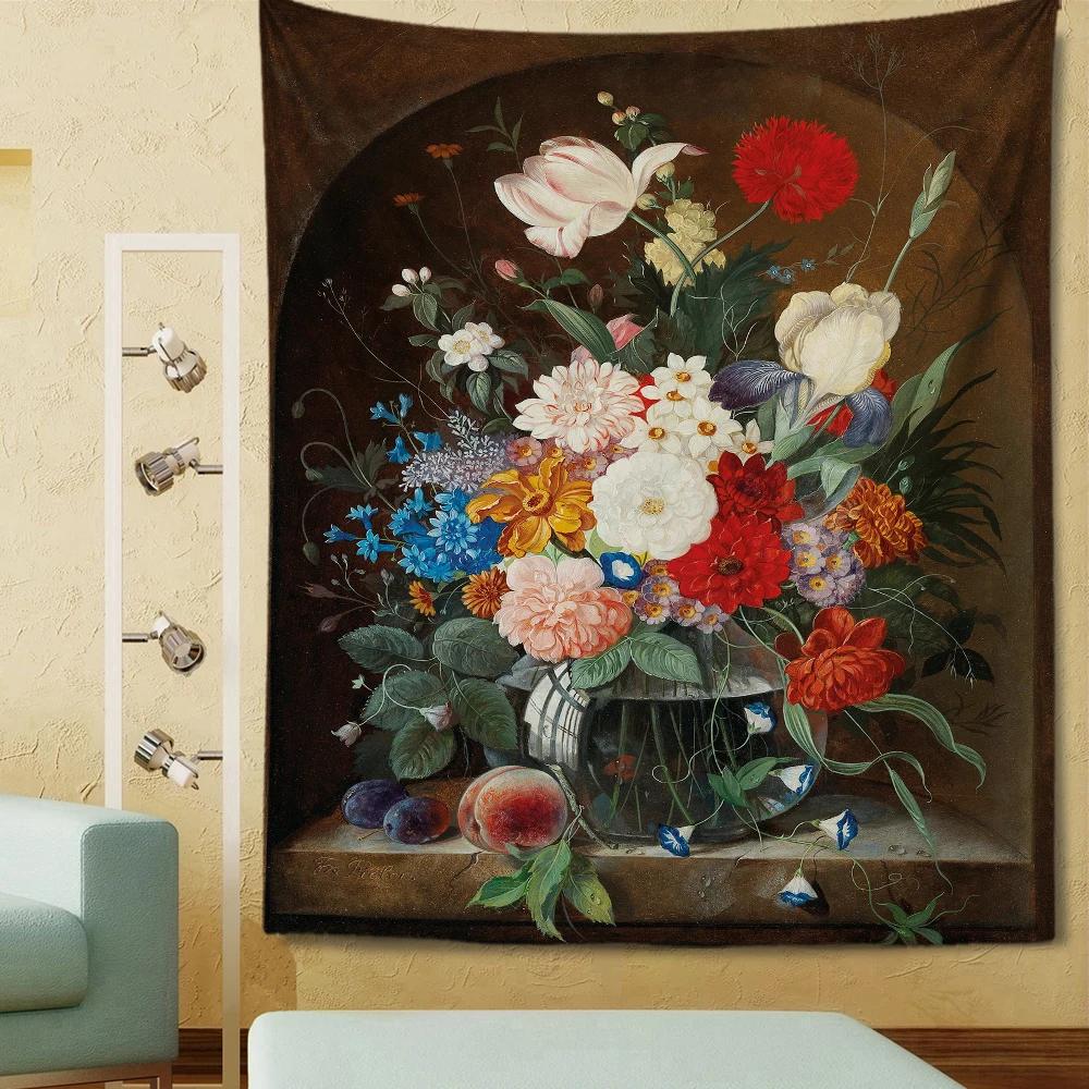 Vintage Style Flowers Tapestry Oil Painting Tapestry Wall Hanging Home Living Room Bedroom Dorm Art Decoration Tapestries