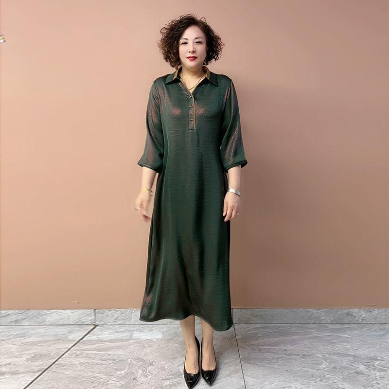 Women’s Silk Dress Summer Lapel Plus-size Dress Solid Color Soft Skin-friendly Breathable Silk Long Dress
