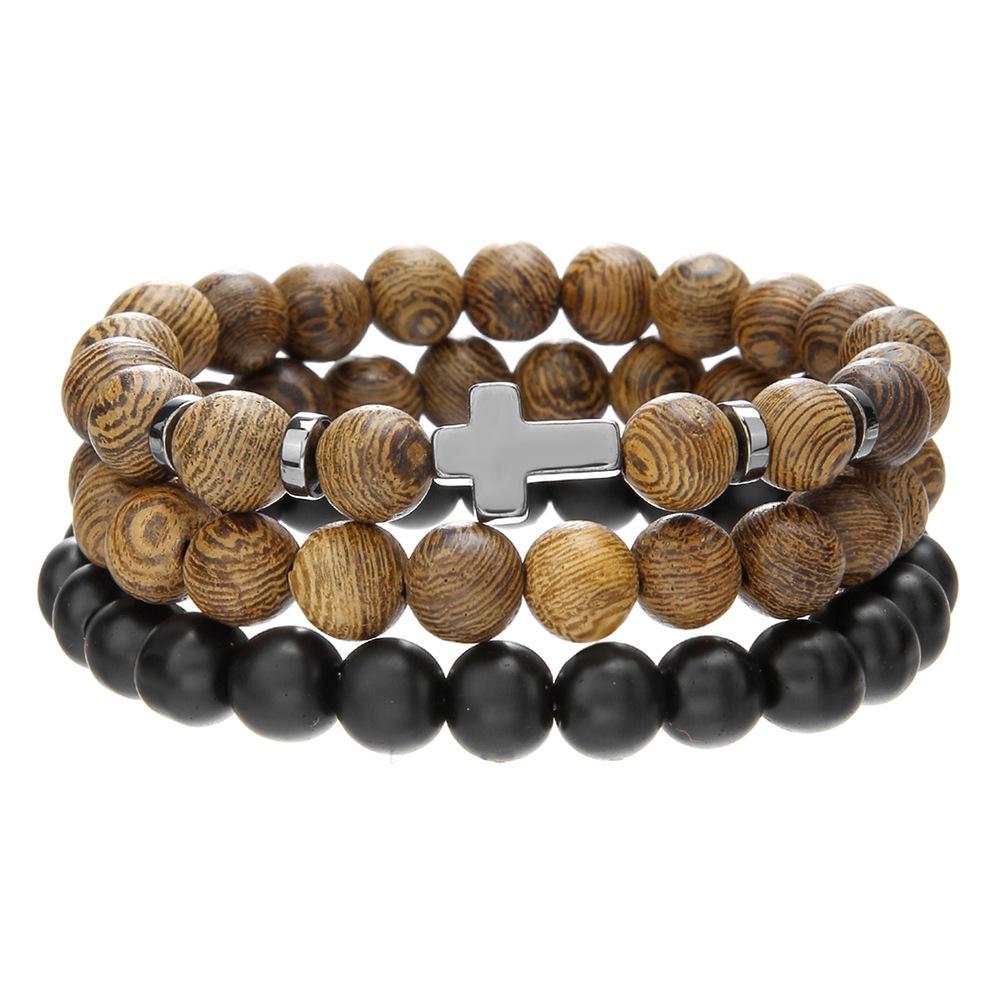 Men's Retro Hip Hop Black Agate Beaded Bracelet Set