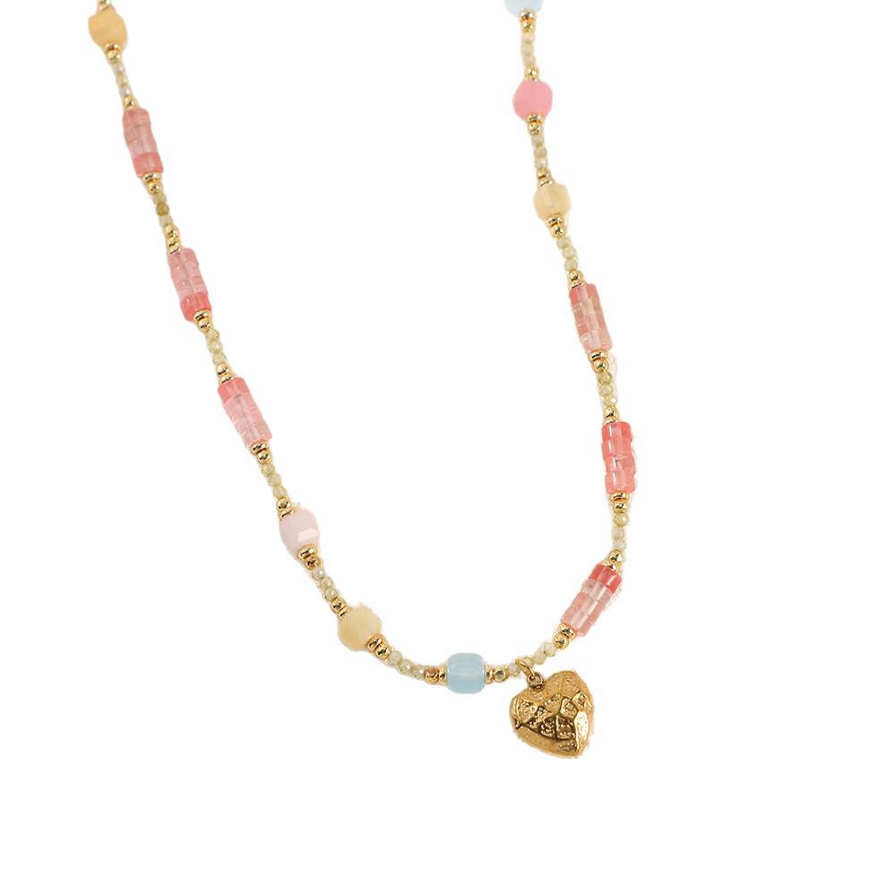 Korean Macaron Color Beaded Necklace with Heart and Floral Design
