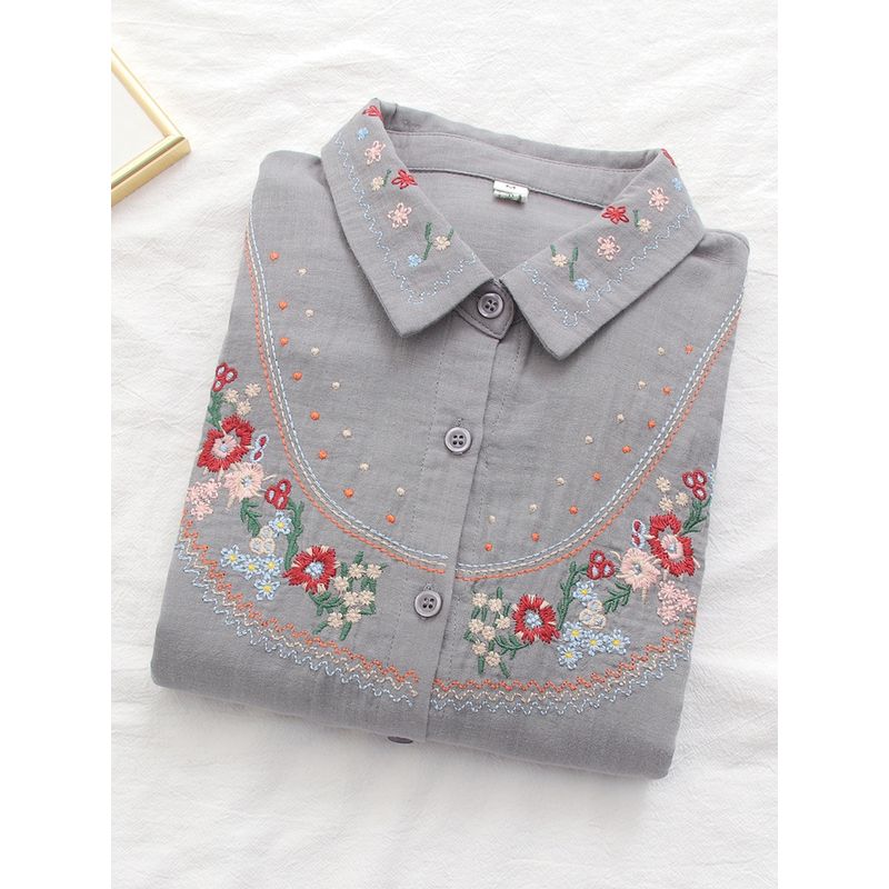 Retro Artsy Ethnic Style Embroider Flower Pure Cotton Shirt 2024 Spring New Arrival Loose All-Matching Top Women