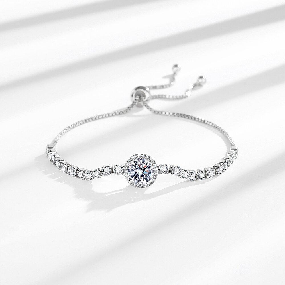 French Romantic 925 Silver Pull-Up 2 Carat Round Bag Zircon Imitation Moissanite Ladies Bracelet Wedding Jewelry